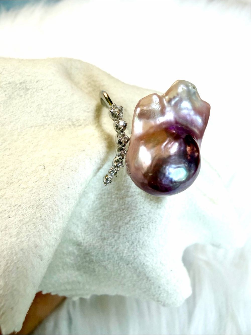 Lavender Baroque Pearl Ring with Pavé Band - Women Jewelry - Picture 9 of 10